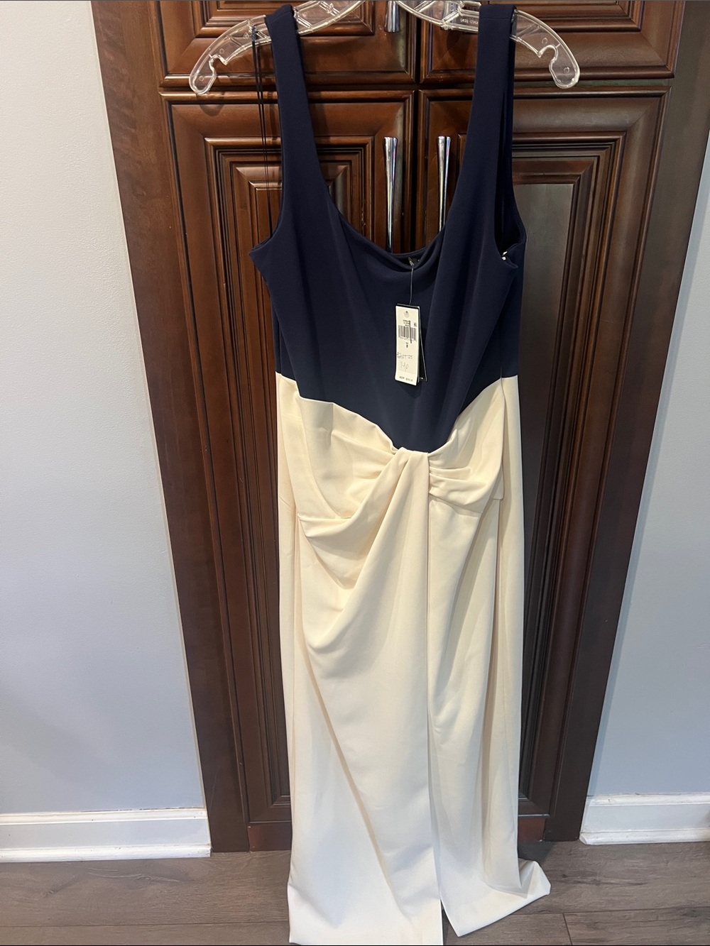 Lauren Ralph Lauren Navy and Cream Sleeveless Draped Maxi Gown